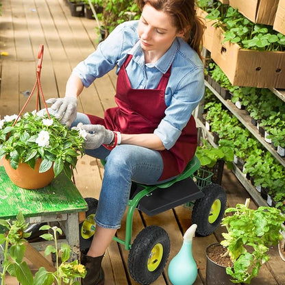 Goplus Garden Seat with Wheels, Rolling Garden Cart with Adjustable 360° Swivel Seat, Tool Tray, Basket for Lawn, Yard, Patio, Heavy Duty Gardening Stool, Outdoor Wagon Scooter for Seniors