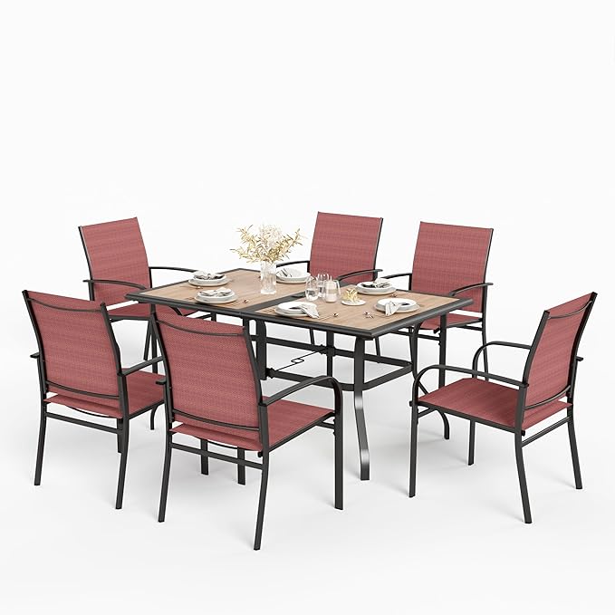 HERA'S HOUSE Patio Table and Chairs Set, 60" Rectangular Outdoor PVC Table with Umbrella Hole, 7 Pieces Outdoor Dining Furniture Sets with 6 Patio Chairs for Backyard Lawn Garden Porch(Red)