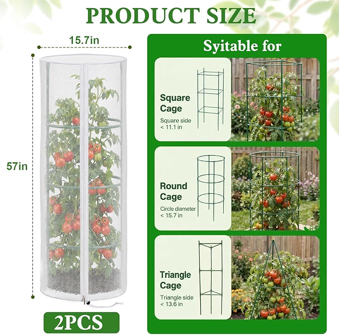 2 Pcs Garden Mesh Plant Cover for Round Tomato Cage, 57" x 15.7" Insect Bird Netting Protection Net Covers with Zipper & Drawstring, Garden Tomato Trellis Netting for Climbing Plants