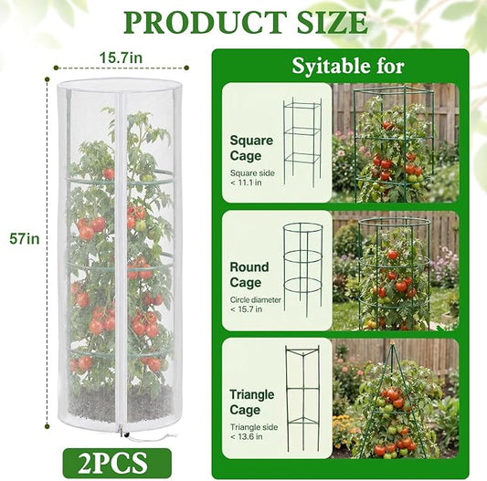 2 Pcs Garden Mesh Plant Cover for Round Tomato Cage, 57" x 15.7" Insect Bird Netting Protection Net Covers with Zipper & Drawstring, Garden Tomato Trellis Netting for Climbing Plants