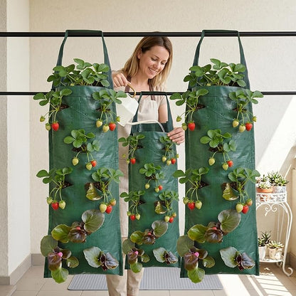Strawberry Tower, 3 Pack Strawberry Hanging Planter, 8-Pocket Pe Grow Bags, Vertical Upside Down Planter for Indoor Outdoor Balcony Wall Gardening