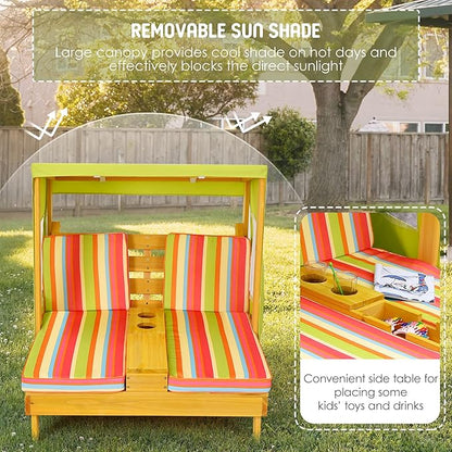COSTWAY Kids Double Chaise Lounge Outdoor, 2-Seat Patio Lounge Chair with Cup Holders & Cushions, Kids Beach Chair with Canopy, Wood Patio Furniture for Children Boys Girls 3-8 Year Old