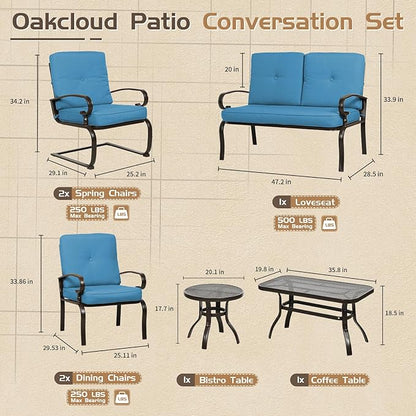 7-Piece Outdoor Metal Furniture Sets Patio Conversation Set, Wrought Iron Loveseat, 2 Dining Chairs, 2 Spring Chairs and Coffee Table, Peacock Blue