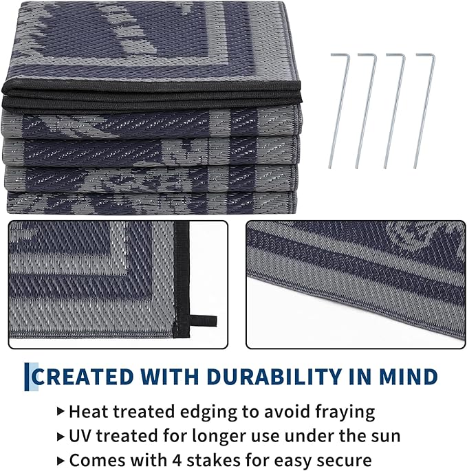 Garvee Outdoor Rug 5x8 Waterproof for Patios, Reversible Plastic Straw Rug, Tropical Leaf Indoor Outdoor Rugs, Large Area Rug for RV, Camping, Deck, Picnic Mat, Outside Carpet, Navy & Grey