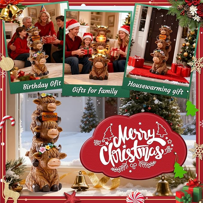 16 in Large Garden Highland Cow Statue Solar Garden Sculptures & Statues with Flower Decoration Birthday Gifts for Women Mom Funny Triple Big Highland Cow Decor for Yard Garden Patio Lawn Ornaments