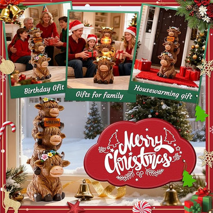 16 in Large Garden Highland Cow Statue Solar Garden Sculptures & Statues with Flower Decoration Birthday Gifts for Women Mom Funny Triple Big Highland Cow Decor for Yard Garden Patio Lawn Ornaments