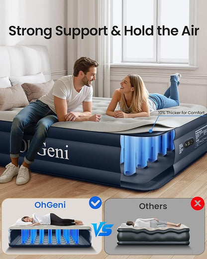 OhGeni Air Mattress Queen with Built in Pump, Ideal Alternative to a Bed, Blow Up Colchones Inflables Mattress for Guests, Portable Air Mattresses, 18" Raised Elevated Air Bed for Camping, Dark Blue