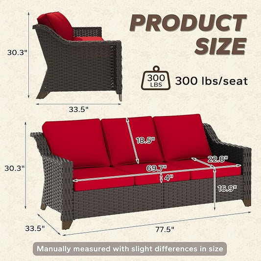 77'' Patio Sofa, All Weather Outdoor Rattan Wicker 3-Seat Sofa High Back Couch with Premium Cushions for Garden Backyard Porch(Brown/Red)
