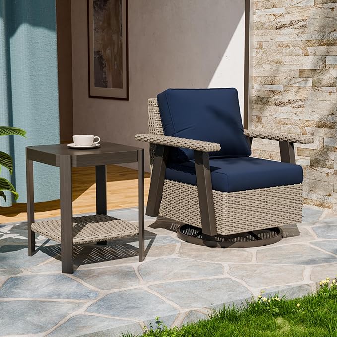 EAGLE PEAK Classic Wicker Patio Bistro Set of 2, Outdoor Patio Furniture with 360° Swivel Rocker Chair and Side Table, Lounge Set for Porch, Deck, or Balcony, Beige/Dark Blue