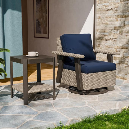 EAGLE PEAK Classic Wicker Patio Bistro Set of 2, Outdoor Patio Furniture with 360° Swivel Rocker Chair and Side Table, Lounge Set for Porch, Deck, or Balcony, Beige/Dark Blue