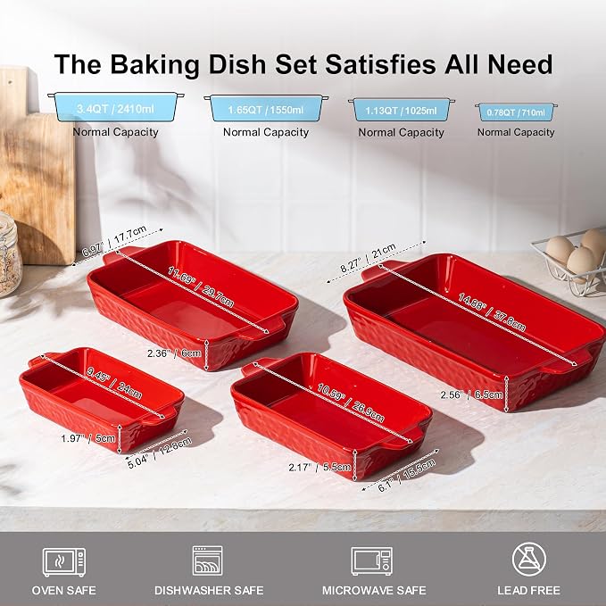Dafuceramic Casserole Dishes for Oven, Baking Dishes, Ceramic Bakeware Sets of 4, Rectangular Baking Pan Set with Handles for Baking, Casserole, Kitchen, Wedding Gift (Red)