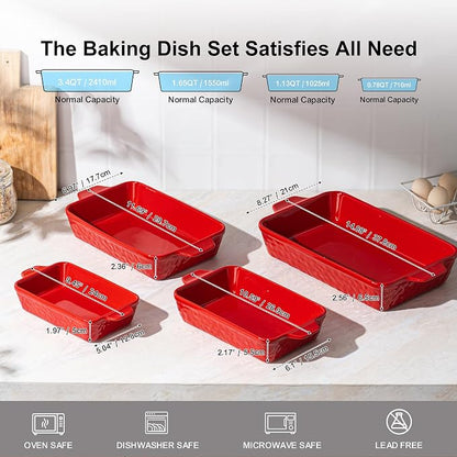Dafuceramic Casserole Dishes for Oven, Baking Dishes, Ceramic Bakeware Sets of 4, Rectangular Baking Pan Set with Handles for Baking, Casserole, Kitchen, Wedding Gift (Red)