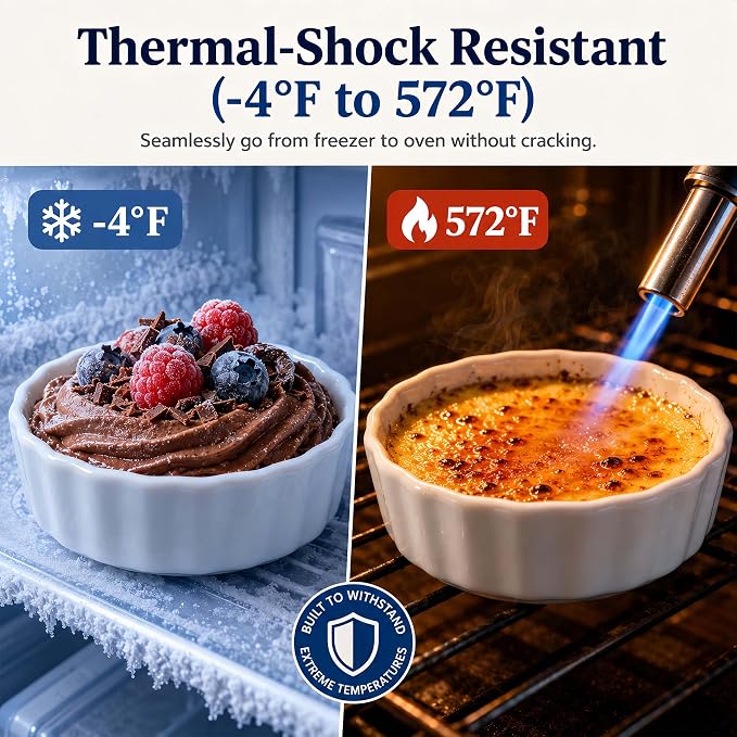 6oz Creme Brulee Ramekins Set of 4 - Ceramic Baking Dishes, Non-Stick Porcelain Pie Dish, Wave Round Baking Dish for Dessert, Pie, Tart, Souffles, Appetizers, Oven and Dishwasher Safe