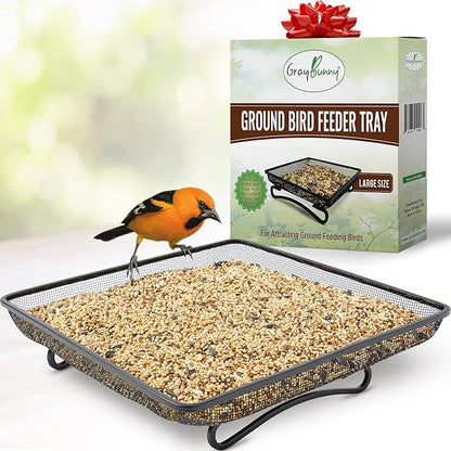 Ground Bird Feeder Tray for Outdoors (Metal) - Weather Resistant Platform Mesh Seed Tray for Wild Birds Squirrels Dove Cardinal Blue Jay Crows (11x11 in)