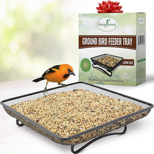Ground Bird Feeder Tray for Outdoors (Metal) - Weather Resistant Platform Mesh Seed Tray for Wild Birds Squirrels Dove Cardinal Blue Jay Crows (11x11 in)