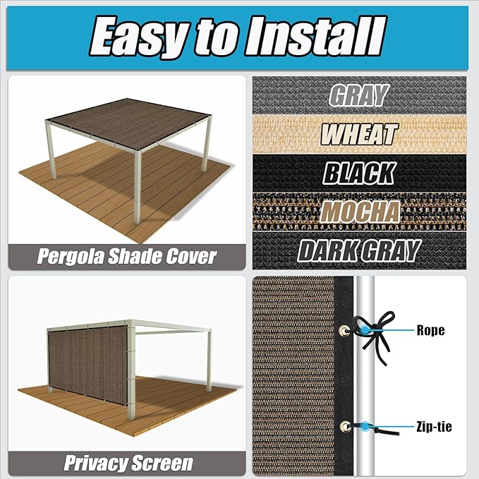 Amagenix 90% Shade Fabric 12'X 12' Mocha Sun Shade Cloth with Grommets for Pergola Replacement Shade Cover Canopy, Heavy Duty, Cable Zip Ties Included (We Customized)