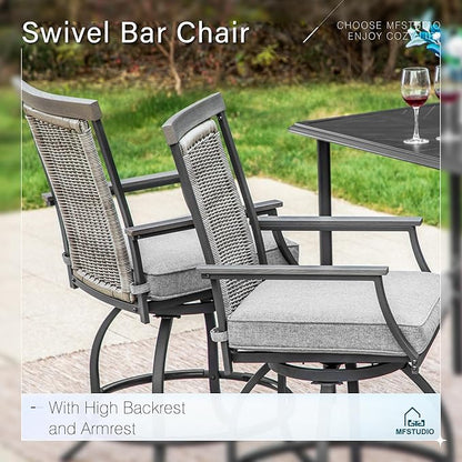 MFSTUDIO Outdoor Counter Height Bar Stool Set of 6, Swivel Rattan Backrest Metal Patio Bar Chair with Armrest and Cushion, All Weather Resistant Wicker Patio Chair, Grey