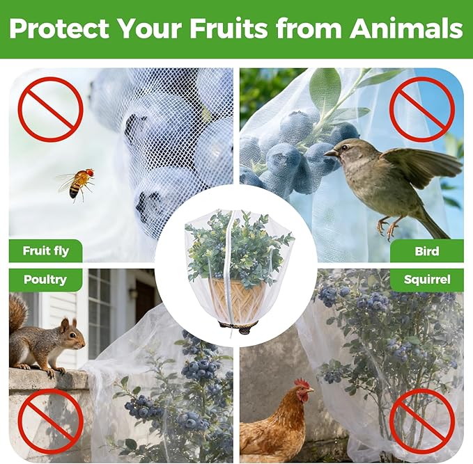 Blueberry Bush Netting Cover 2 Pack 4.5 x 4.5 ft, Bird Netting with Zipper & Drawstring, Reusable Berry Bush Netting for Lowbush Blueberries & Garden Plants, Bird Deer Insect and Poultry Barrier