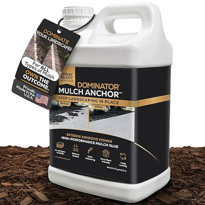 DOMINATOR Mulch Anchor 2.5 Gallons - Mulch Glue and Pea Gravel Stabilizer, Ready to Use Spray, Lasts up to 2 Years, Fast-Dry, Non-Toxic, Strong Mulch Glue for Landscapes