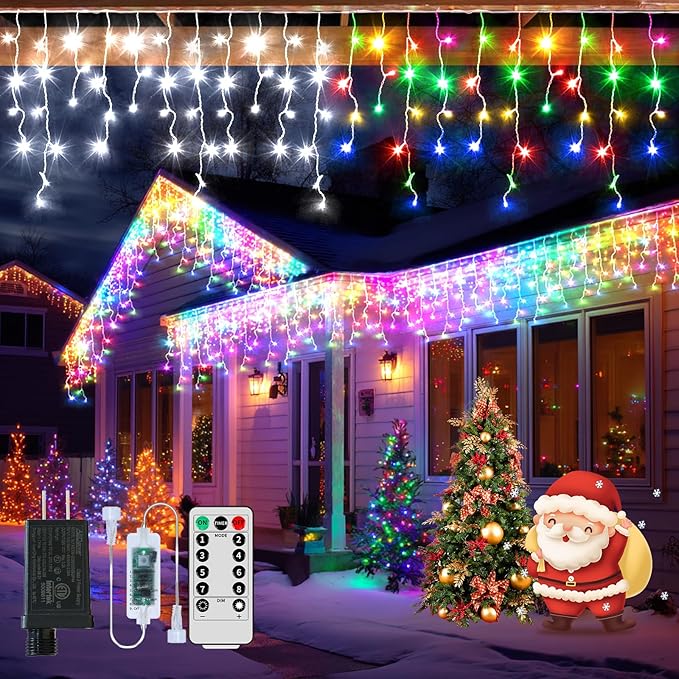 XZAI 800LED 72FT, Fairy Icicle String Lights, Plug-in, Multi-Color & Cool White, Christmas Party Decors, Remote, 8 Modes, Timer, Dimmable, IP65 Waterproof, Hanging for Outdoor & Indoor Use