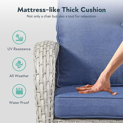 5 Piece Patio Furniture Set - Wicker Patio Conversation Set with Swivel Glider, Loveseat Bench, Tempered Glass Side Table and Coffee Table for Deck Backyard - Light Beige Wicker Blue Cushion