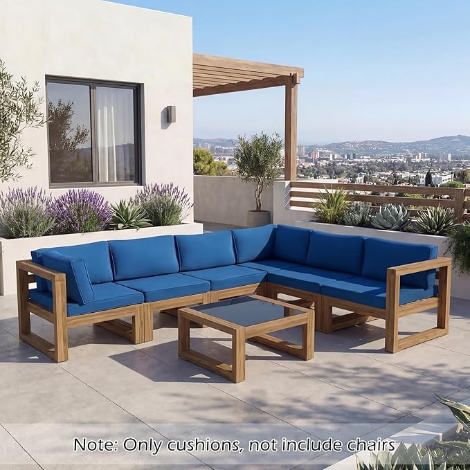 HOMREST Outdoor Replacement Cushions,Water-Resistant 4" Thick Seat Cushion for Patio Furniture,25x25 in Patio Furniture Cushions,Non-Slip 14-Piece Set for 6-Seat Rattan Wicker Sectional Sofa, Blue