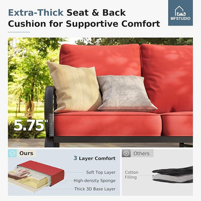 MFSTUDIO 4 Pieces Patio Conversation Sets(5 Seat), Outdoor Metal Furniture Sofa Set with 1 Loveseat(3 Seat), 2 Swivel Chairs, 1 Coffee Table, Steel Frame Patio Set with Burgundy Red Cushion for Patio