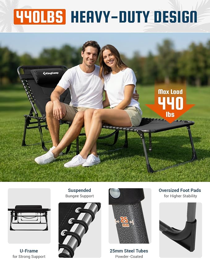 KingCamp Oversized Tanning Chair, Extra-Wide Padded Folding Chase Lounge Chairs Portable Adjustable 5-Position 440lbs Heavy Duty Lounger with Double-Layer Oxford for Outdoor Beach Patio Sun Pool Black