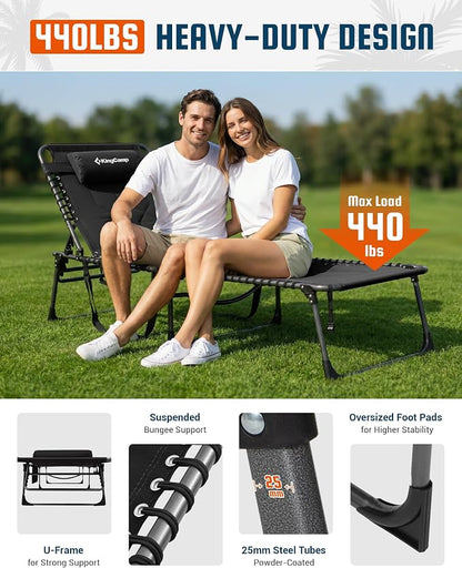 KingCamp Oversized Tanning Chair, Extra-Wide Padded Folding Chase Lounge Chairs Portable Adjustable 5-Position 440lbs Heavy Duty Lounger with Double-Layer Oxford for Outdoor Beach Patio Sun Pool Black