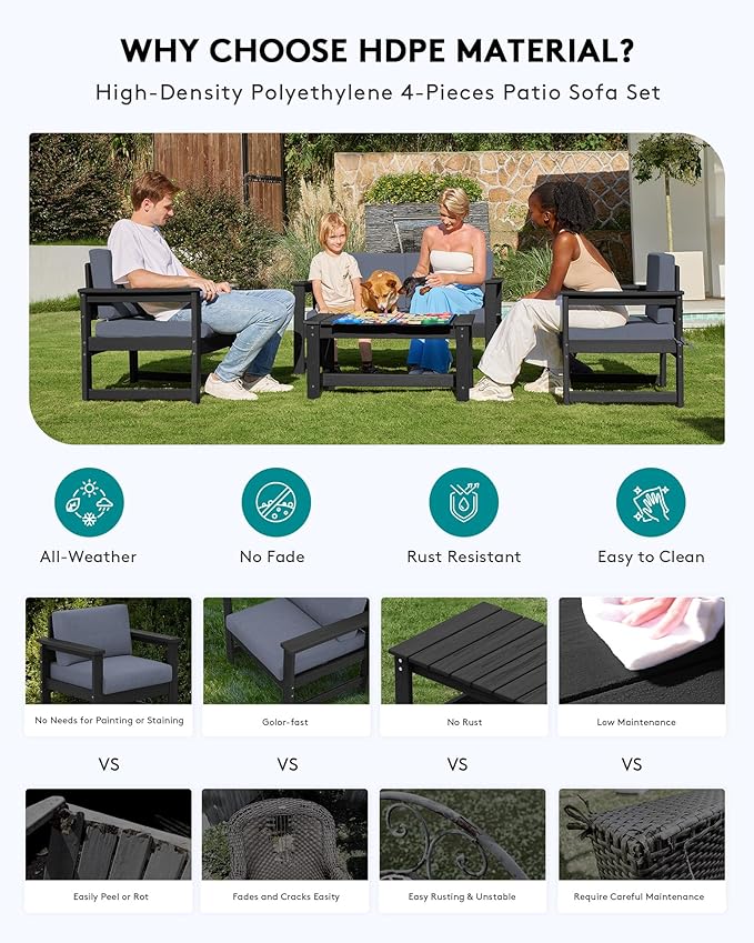 SERWALL 2 Pieces Single Cushioned Lounge Chair, Black HDPE Outdoor Adirondack Sofa Armchair with Grey Cushion