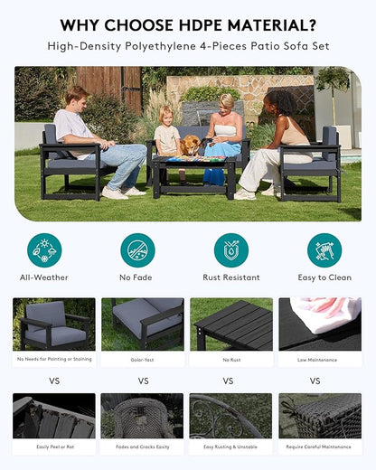 SERWALL 2 Pieces Single Cushioned Lounge Chair, Black HDPE Outdoor Adirondack Sofa Armchair with Grey Cushion