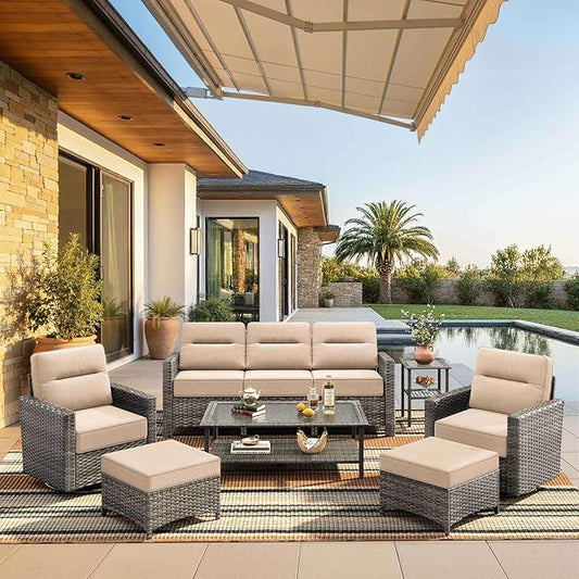 Luxury 7-Piece Patio Furniture Set with 6-Inch Thick Cushions, Outdoor Couch and Swivel Rocker Chairs, Wicker Conversation Set for Porch, Deck, Yard, Pool in Beige