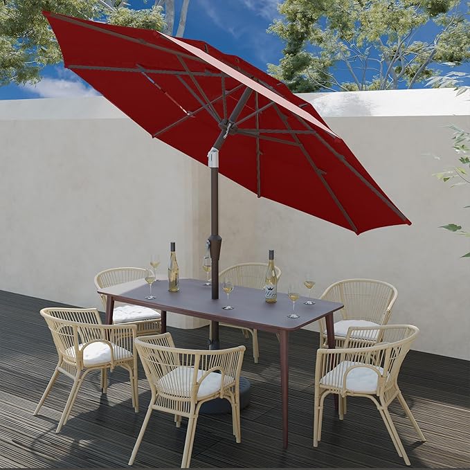 9FT 3 Tiers Patio Umbrella With Auto Tilt And Crank, Outdoor Table Market Umbrella with 8 Sturdy Ribs for Garden, Lawn, Deck, Backyard and Pool (Red)