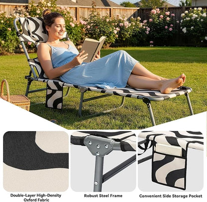 Tanning Chair with Face Hole for Adults, Outdoor Folding Lounge Chair with Side Table for Phone Drinks and Tablet, 4 Position Adjustable Backrest, Lay Flat Chaise Lounger for Beach Patio Pool