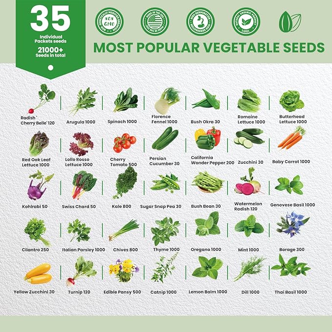 35 Heirloom Seeds Variety Pack - 21000+ Seeds for Planting Vegetables and Fruits, Home Garden Seeds for Hydroponic, Indoor and Outdoor, Unique Garden Starter Set Gift for Mother, Women...