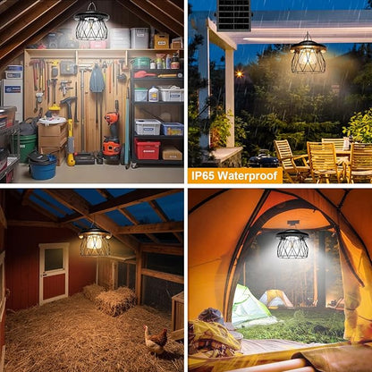 Shed Light Solar Powered, 2 Motion Sensor Lights Outdoor with Remote, Unique Diamond Design Metal Frame Hanging Lantern with Timer, Gazebo Lights for Patio Barn Garage Shop
