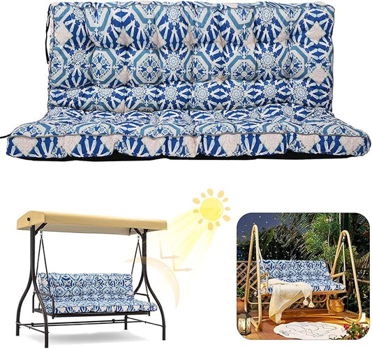 2/3 Seater Swing Replacement Cushion, Waterproof Porch Swing Cushions with Backrest, Thickened Bench Cushions for Outdoor Furniture, for Outdoor Patio Swing (Boho Blue, 63 * 40in)