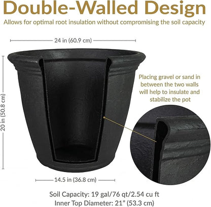 Sunnydaze 24-Inch Anjelica Large Plastic Pot for Plants - Outdoor Double-Walled Large Plastic Planter with Drillable Drainage Holes - Matte Black