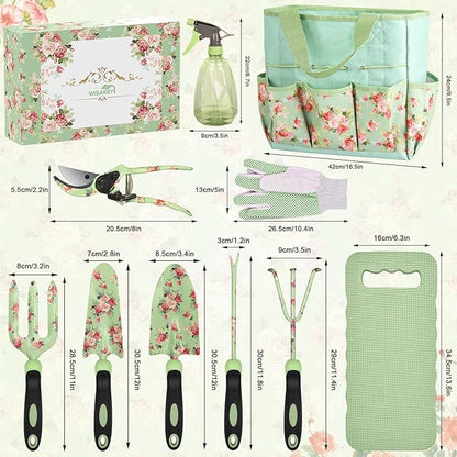 Gardening Tools, WisaKey 10 Piece Heavy Duty Garden Tools Set with Handle, Durable Fashion Garden Organizer Handbag, Ideal Gardening Gifts for Women