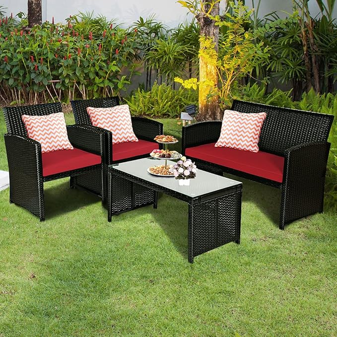 COSTWAY 4 Pieces Patio Rattan Furniture Set, Outdoor Wicker Conversation Set with Soft Cushions & Tempered Glass Coffee Table, Cushioned Chair Sofa for Backyard, Porch, Poolside, Lawn, Garden, Red