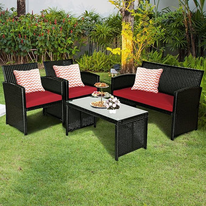 COSTWAY 4 Pieces Patio Rattan Furniture Set, Outdoor Wicker Conversation Set with Soft Cushions & Tempered Glass Coffee Table, Cushioned Chair Sofa for Backyard, Porch, Poolside, Lawn, Garden, Red
