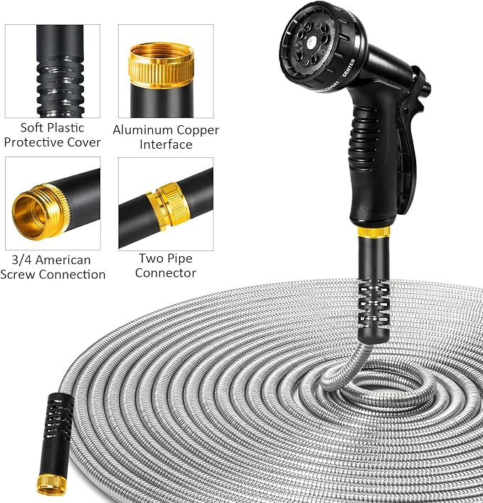 Garden Hose 50 ft, Stainless Steel Water Hose 50ft Heavy Duty with 10 Function Nozzle, Flexible No-Kink Metal Hose 50 Feet, Pet-Proof Water Pipe for Outside Yard