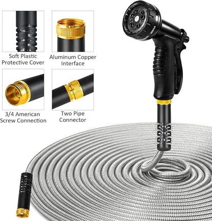 Garden Hose 50 ft, Stainless Steel Water Hose 50ft Heavy Duty with 10 Function Nozzle, Flexible No-Kink Metal Hose 50 Feet, Pet-Proof Water Pipe for Outside Yard