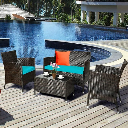 HAPPYGRILL 4-Piece Patio Furniture Set Rattan Wicker Conversation Set with Cushioned Sofa and Coffee Table for Outdoor Backyard Garden Poolside