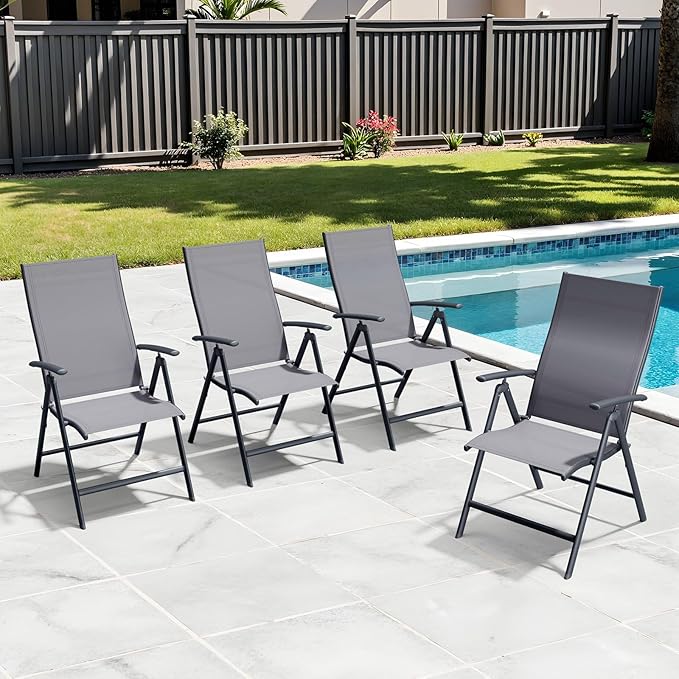 Crestlive Products Folding Patio Chairs Set of 4, 7-Level Adjustable Recliner Chairs Foldable Outdoor Lawn Chairs for Pool, Backyard,Gray
