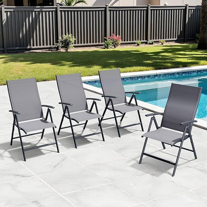 Crestlive Products Folding Patio Chairs Set of 4, 7-Level Adjustable Recliner Chairs Foldable Outdoor Lawn Chairs for Pool, Backyard,Gray