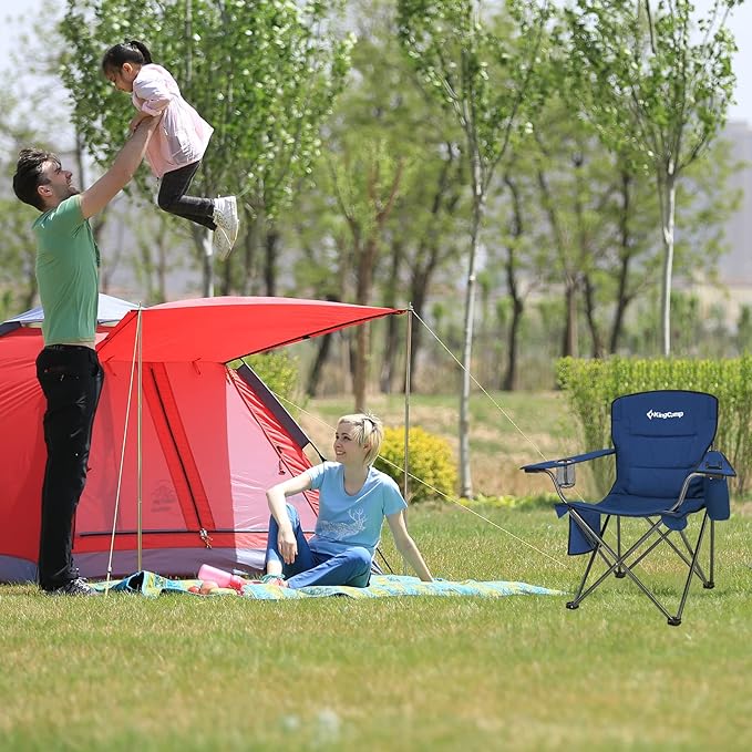 KingCamp Oversized Heavy Duty Camping Chairs 2 Pack, Padded Compact Folding Portable Chair with Cooler Cup Holder Side Pocket for Outdoor Sports Lawn Backyard Backpack Supports 300 lbs, Blue