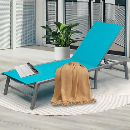 Kozyard Lounge Chair Outdoor Foldable Lounge Chair with 5 Adjustable Backrest Patio Lounger, Assemble-Free, Recliner and Full Flat Chairs for Patio Beach Pool (Aqua Textilence W/O Table)