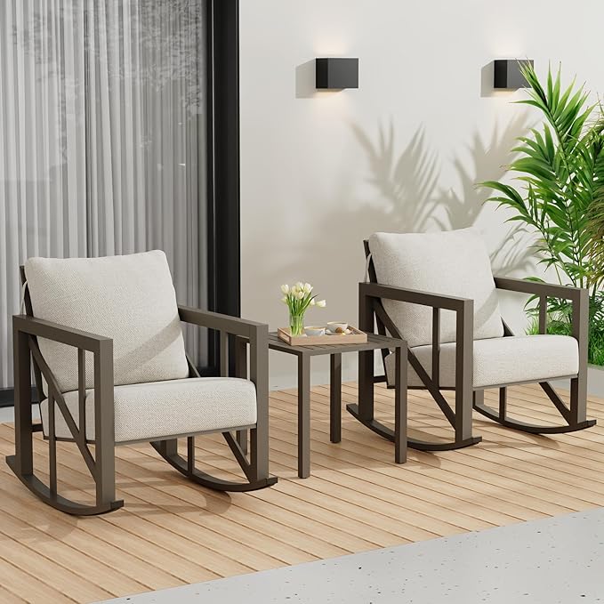 TOLEAD Outdoor Rocking Chair Set, 3 Piece Rocking Patio Furniture Set, Outdoor Patio Furniture Set with 2 Rockers and 1 Table, Patio Rocking Chair Set for Backyard, Porch, Poolside