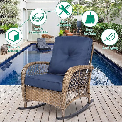 VIVIJASON Outdoor Wicker Rocking Chair, Patio Rattan Rocker Chair with Cushions & Steel Frame, All-Weather Rocking Lawn Wicker Furniture for Garden Backyard Porch (Navy Blue)